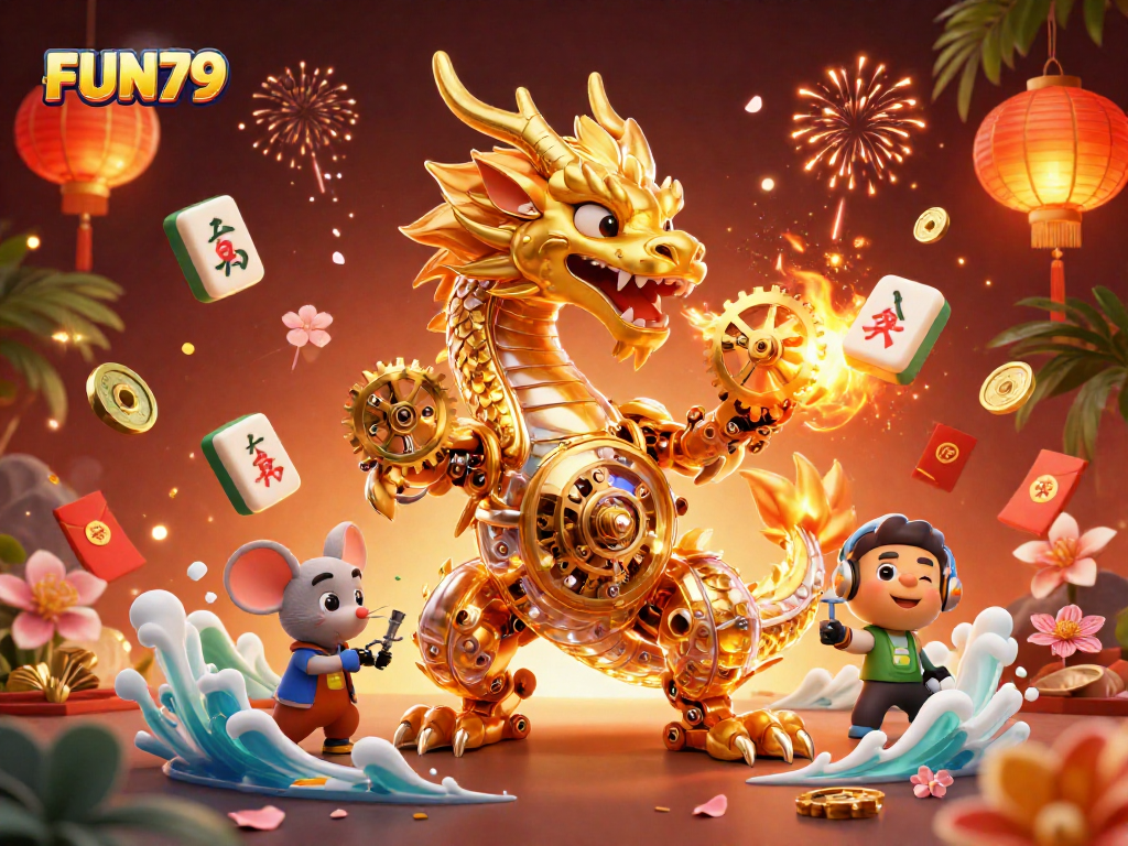 Experience FUN79 with a vibrant scene showcasing a dragon and game elements, embodying casino excitement.