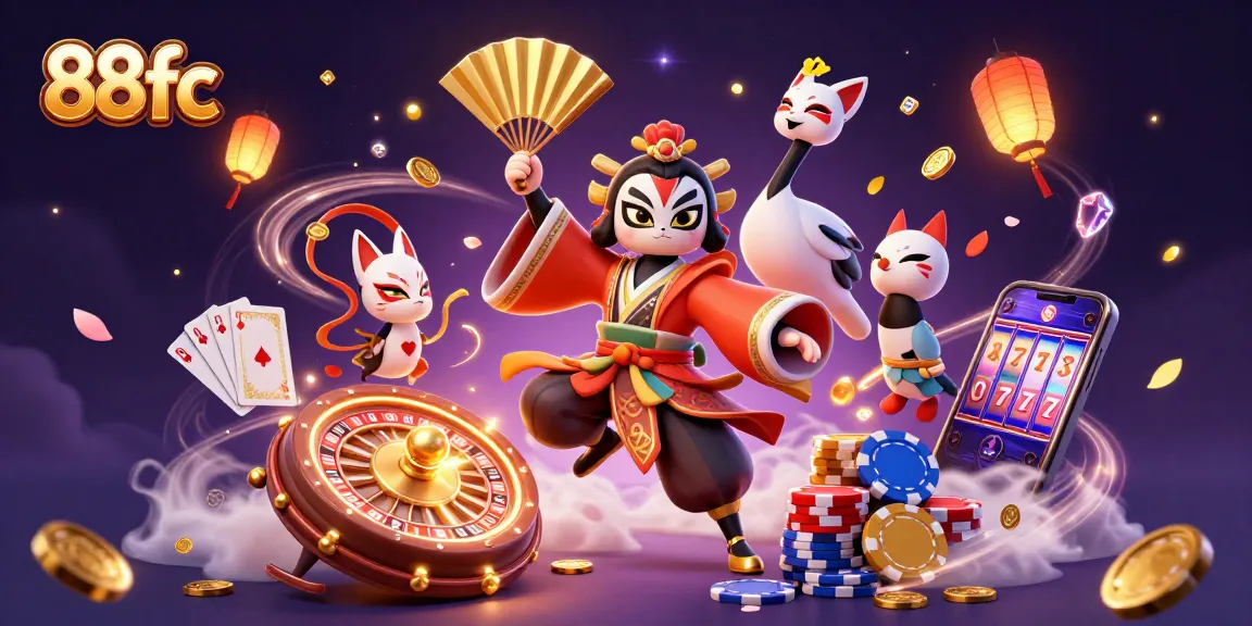 Win big at 88fc with a captivating illustration of a kabuki warrior and thrilling game elements.