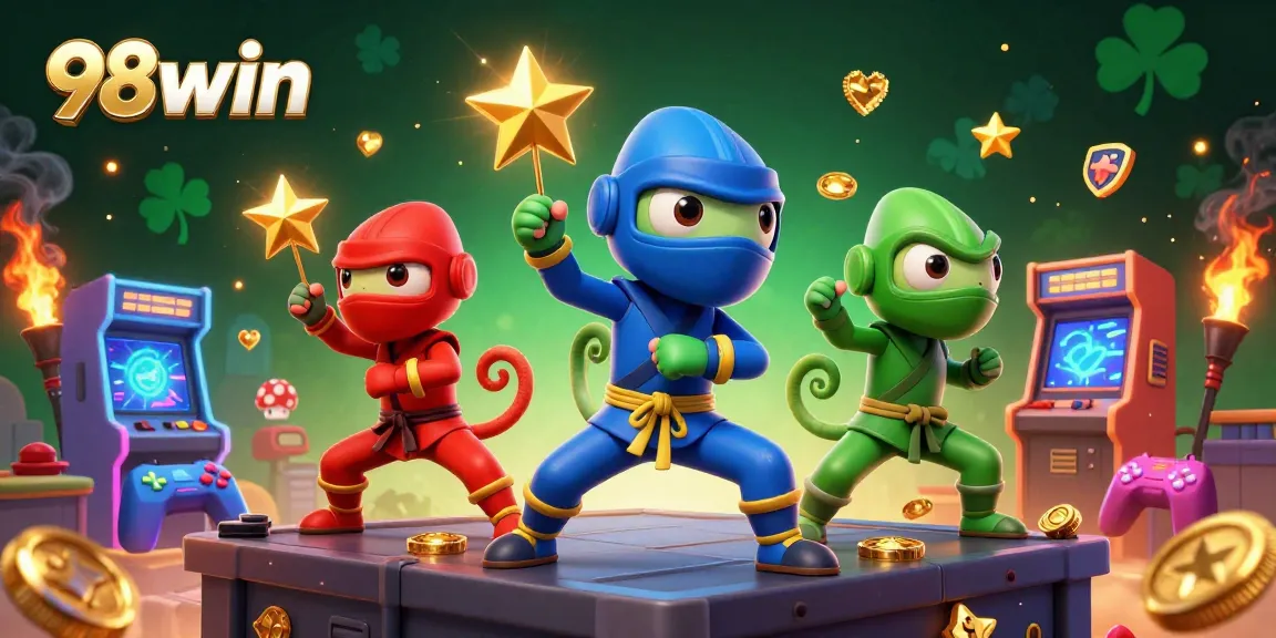 Experience exciting gaming with a 98win ninja chameleon team amidst vibrant casino elements.