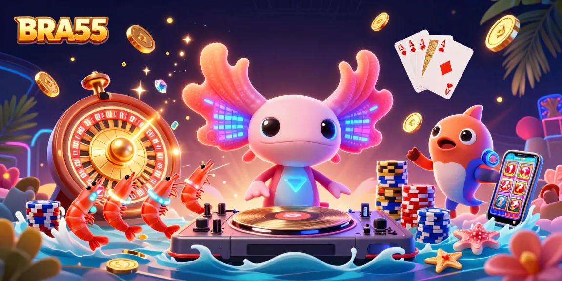 BRA55 casino scene featuring neon axolotl DJ, shrimp dancers, and golden coins for online gambling.