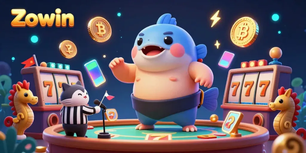 Join the fun at Zowin's lively underwater casino featuring a puffed fugu and exciting slot games!