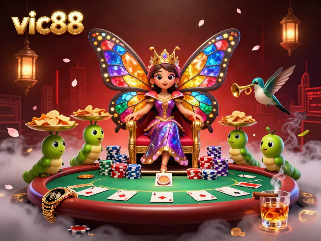 Engage with vic88's vibrant casino scene featuring a butterfly queen and poker elements.