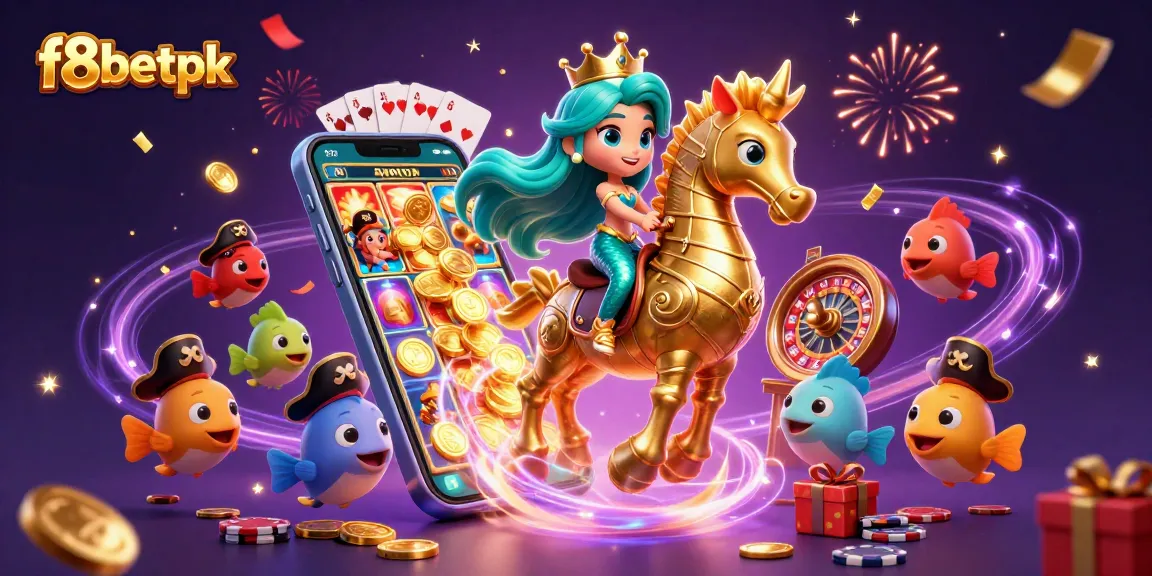 f8betpk captivating scene with a mermaid princess, giant seahorse, and casino elements