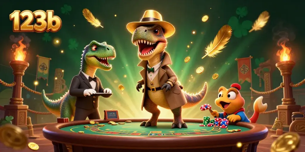 Engaging illustration depicting 123b with a velociraptor card counter, featuring dynamic casino elements and vibrant colors.
