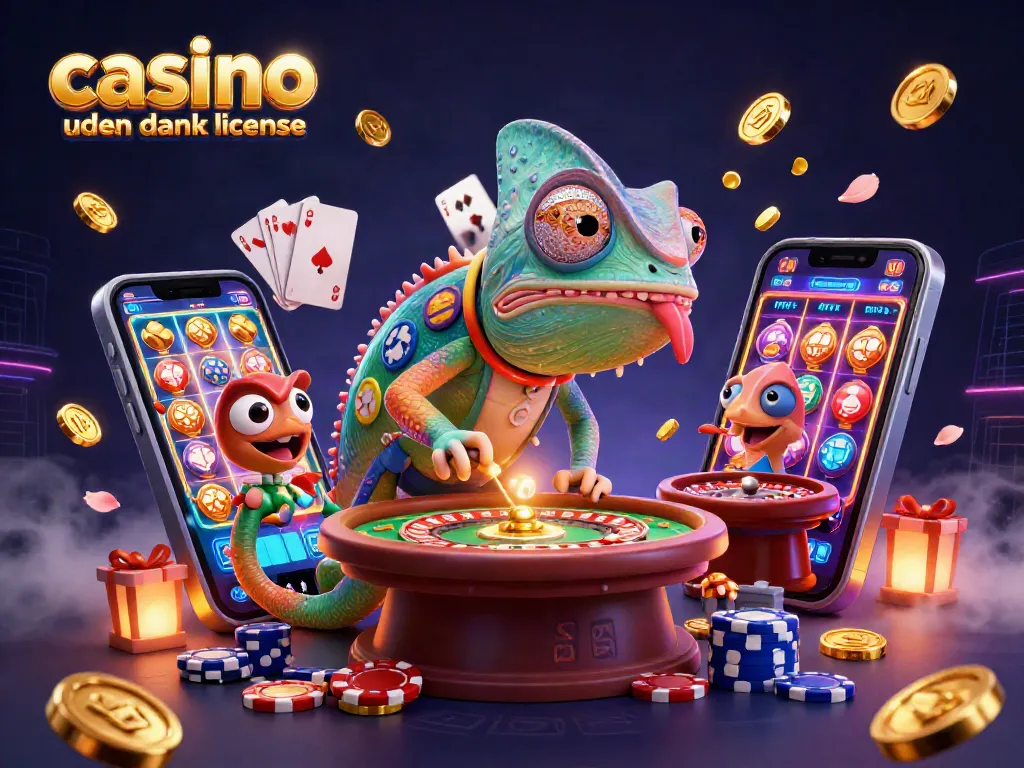 Engaging 3D scene depicting casino uden dansk licens with a vibrant chameleon character capturing golden coins.