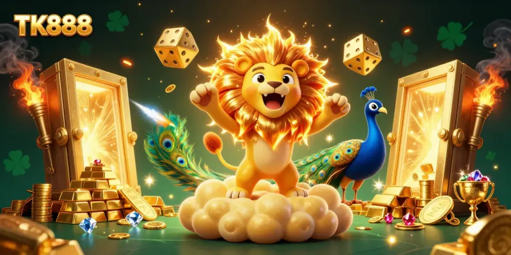 Experience the excitement of TK888 with a roaring lion and golden treasures in a vibrant casino scene.