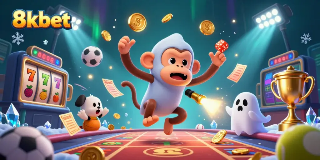 Experience the thrill of 8xbet with a vibrant casino scene featuring a mischievous monkey and ghost-hunter puppy.