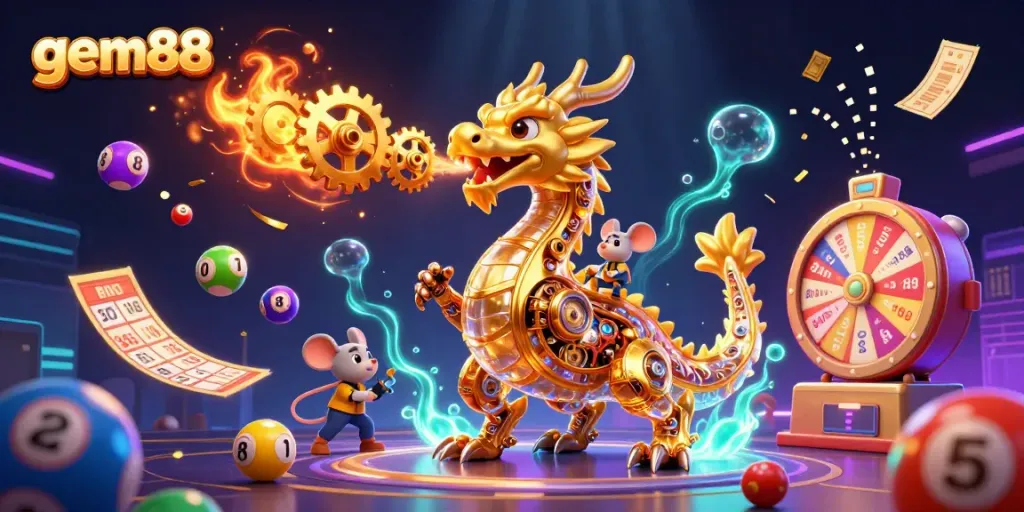 Engage with gem88's thrilling gambling scene featuring a dynamic golden dragon and vibrant lottery elements.