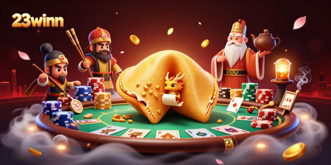 Engage with 23winn at this vibrant casino scene featuring a golden fortune cookie and dynamic poker elements.