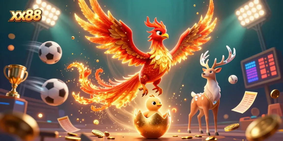 Engage with xx88's thrilling gaming experience featuring sports elements and a fiery phoenix.
