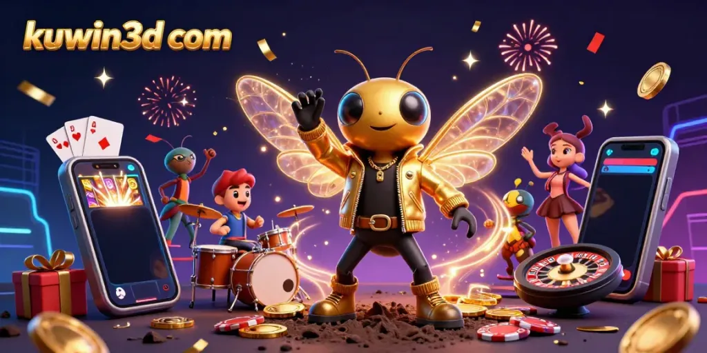 Engage with thrilling games at kuwin3d com as a rock star cicada leads with vibrant slot and casino elements.
