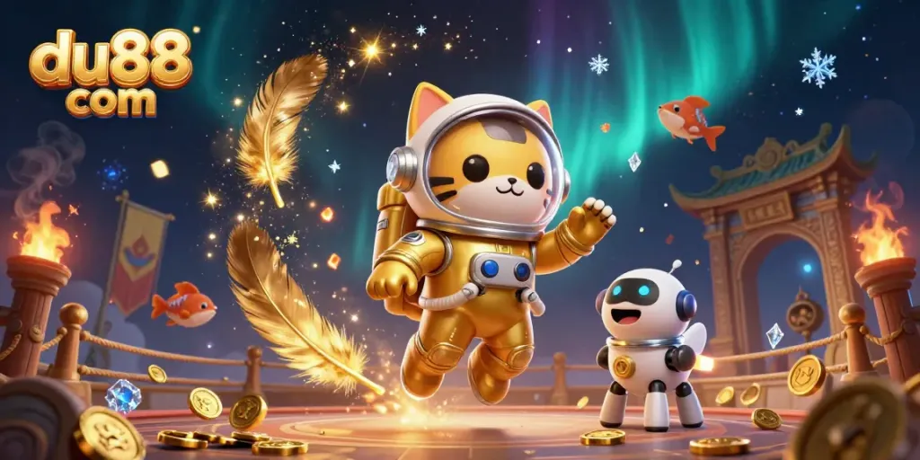 Experience the excitement of du88 com with a 3D illustration featuring a cosmic cat and robot dog in a vibrant gambling scene.