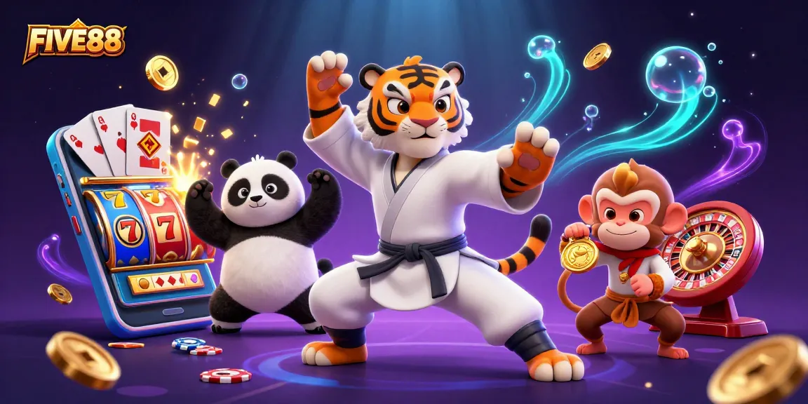 Experience the excitement of FIVE88 with a kung fu tiger master and gaming elements in this dynamic casino scene.