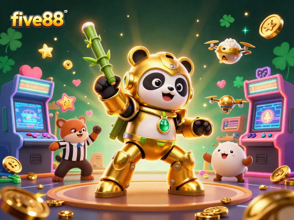 Engage with five88 at an exciting online casino featuring a vibrant 3D scene with a mech-suit panda.