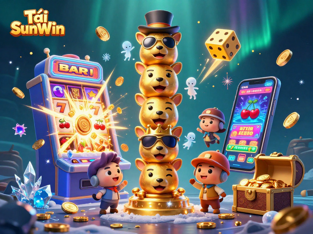 Tải SunWin features an engaging 3D casino scene with a golden totem pole, bursting slot machine, and vibrant game elements.