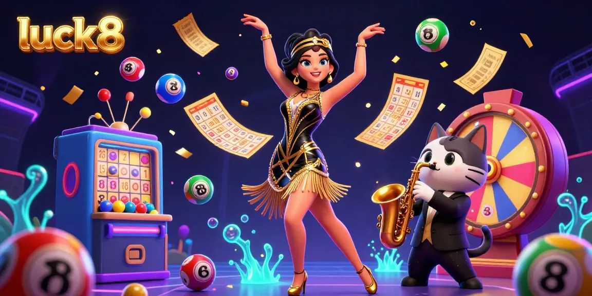Experience the excitement of luck8 with vibrant lottery elements and characters in a rich, dynamic casino scene.
