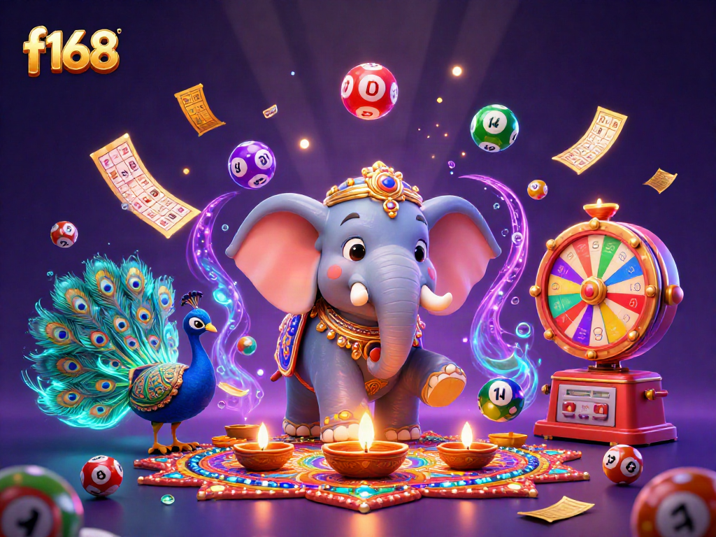 Bet on exciting f168 games with a vibrant display of lottery balls and colorful casino elements.