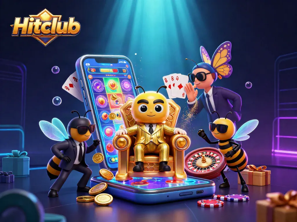Spin the reels at Hitclub with vibrant 3D characters in a colorful casino scene.