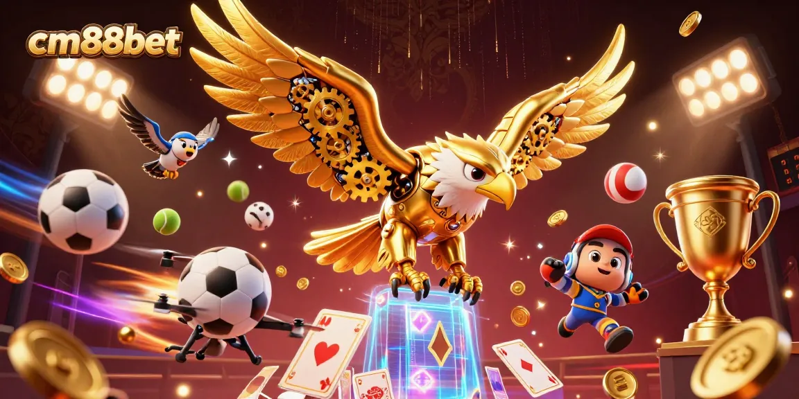 Experience thrilling gameplay with cm88bet's vibrant golden eagle illustration amid dynamic sports betting elements.