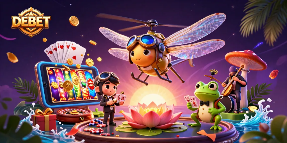 Experience DEBET gaming excitement with a dragonfly pilot, frog croupier, and jazzing crickets.