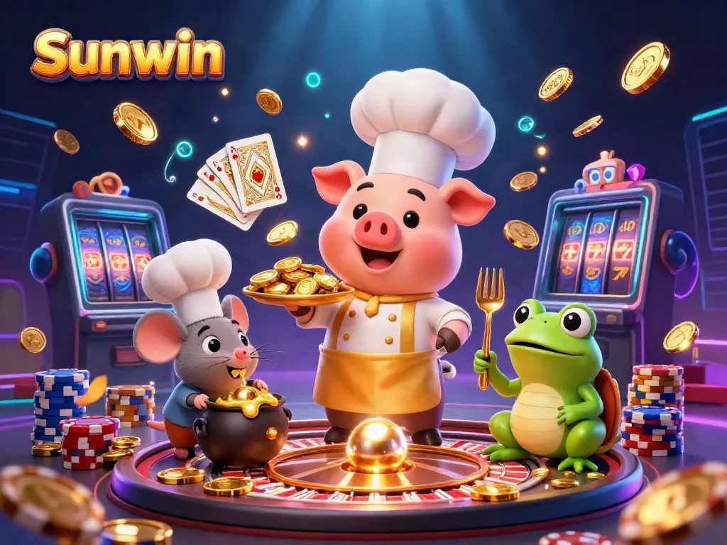 Engage in thrilling games at Sunwin while a chef pig serves gold coins, surrounded by vibrant casino elements.