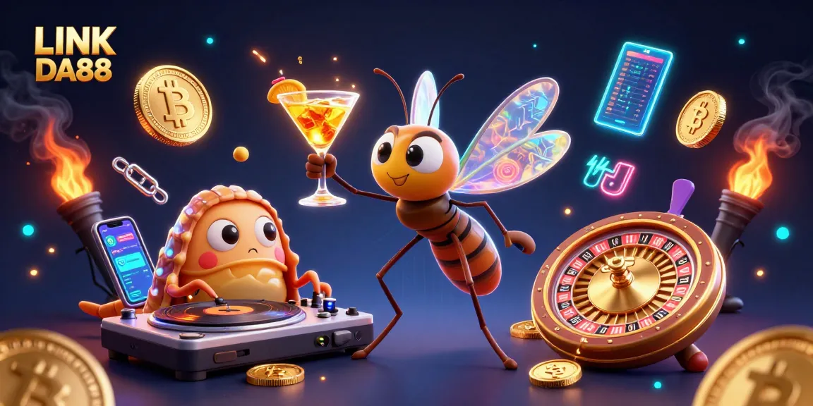Spin with LINK DA88 at this vibrant casino scene, featuring a lifelike mosquito mascot and fossil elements.