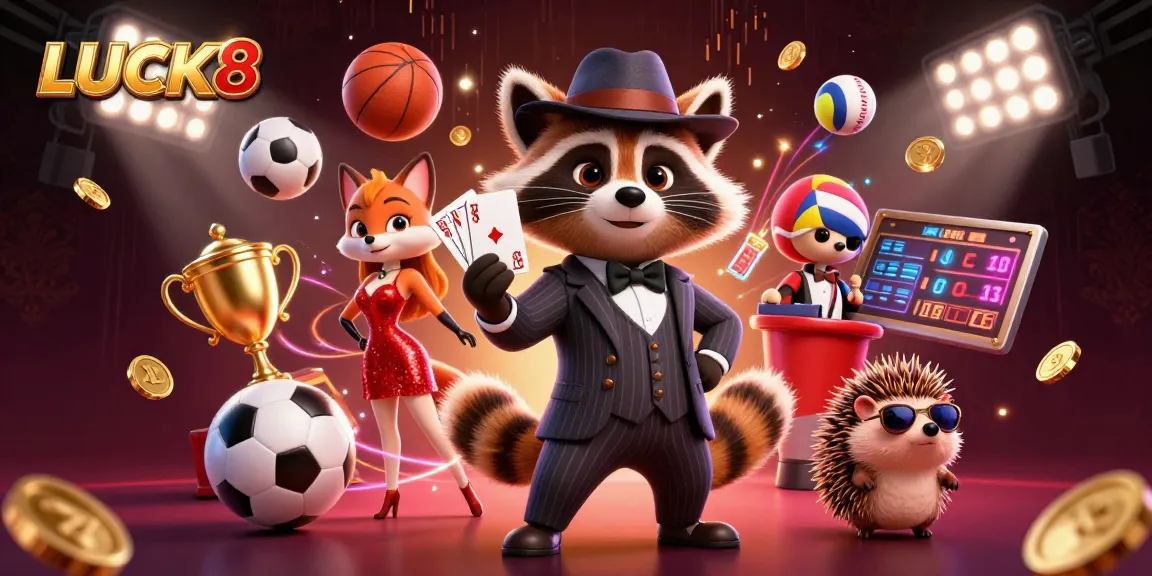 LUCK8 brings excitement to betting with dynamic characters and sports elements in this vibrant digital illustration.