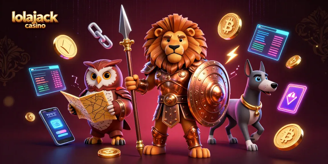 Experience the thrills at lolajack casino with a dynamic 3D illustration featuring a Spartan lion and crypto elements.