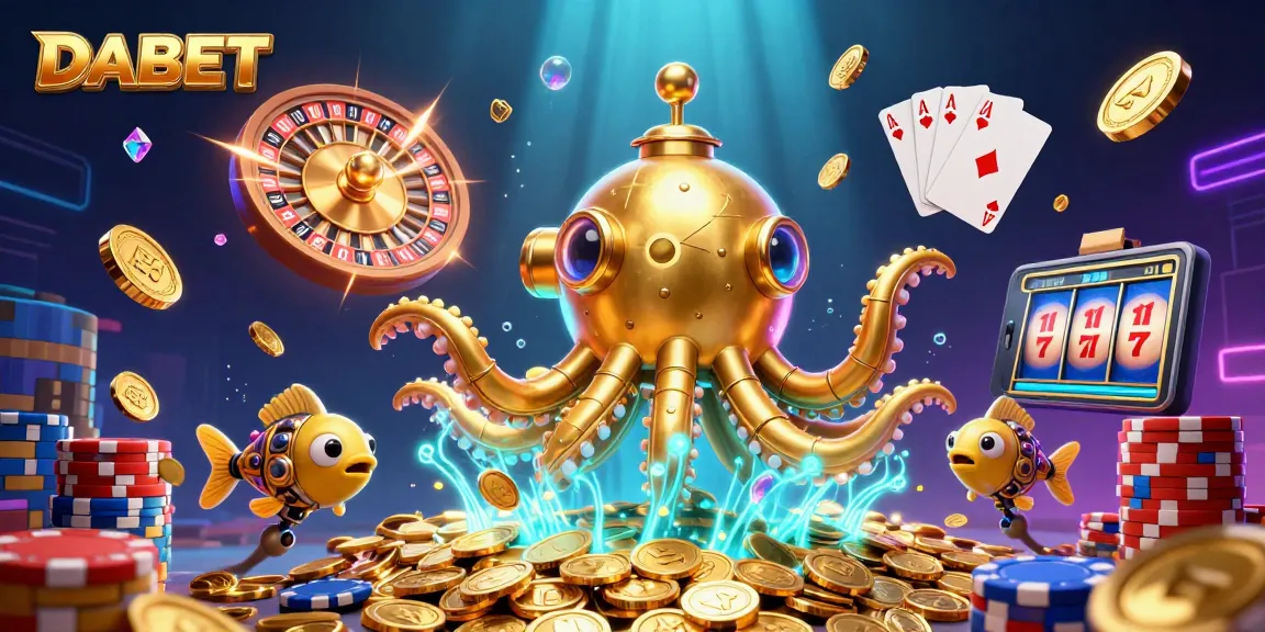 DABET showcases a 3D kraken submarine amid cascading coins, exemplifying exciting online gambling experiences.