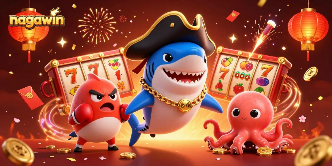 Experience the thrill of nagawin with dynamic slot reels featuring lucky symbols and charming characters celebrating in style.