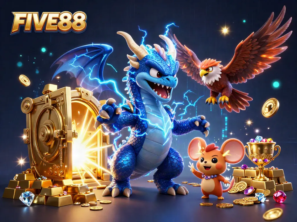 Engage with FIVE88's thrilling casino experience illustrated by a fierce thunder dragon, dynamic elements, and glowing treasures.