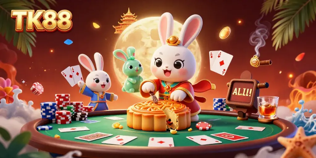 Experience lively casino action with TK88, where moon rabbits and poker chips await!
