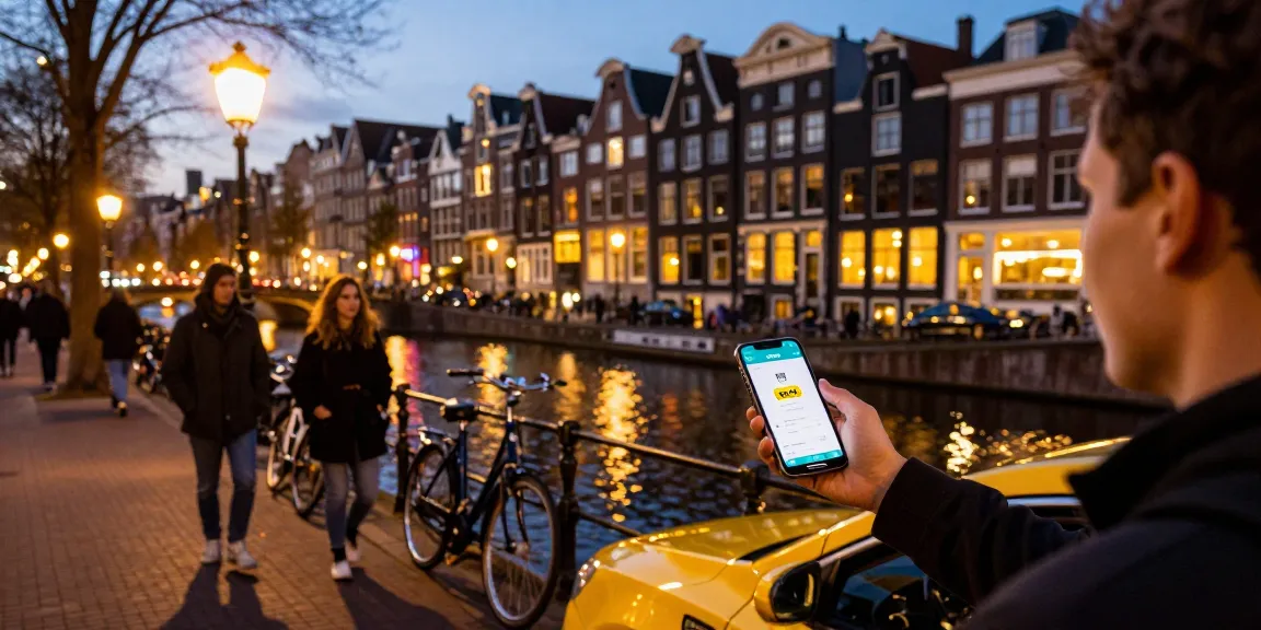 Taxi Amsterdam booking scene with vibrant city lights and iconic canals.
