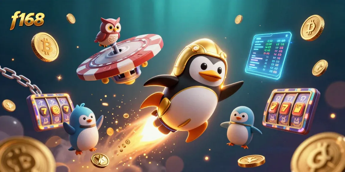 Experience thrilling gaming ahead with f168 as a golden penguin takes flight through a cosmic casino world.