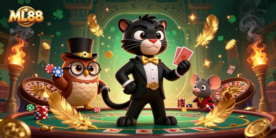 Engage in exciting gameplay at ML88, featuring a stylish panther dealer, owl, and mouse surrounded by casino elements.