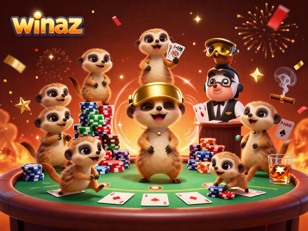 Experience excitement at winaz, featuring a meerkat casino scene with vibrant poker action.