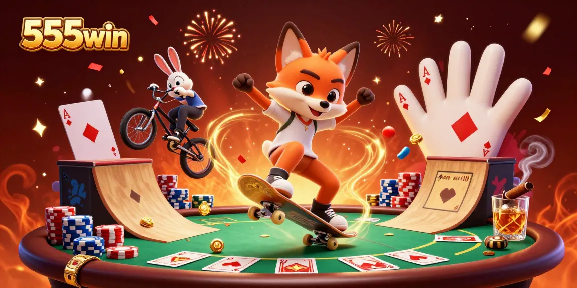 Engage with 555win in this vibrant casino-themed illustration featuring a skateboarder fox and BMX rabbit.