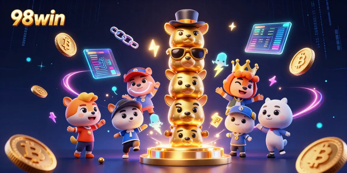 Experience exhilarating gameplay with 98win's vibrant casino elements, featuring a golden totem and crypto coins.