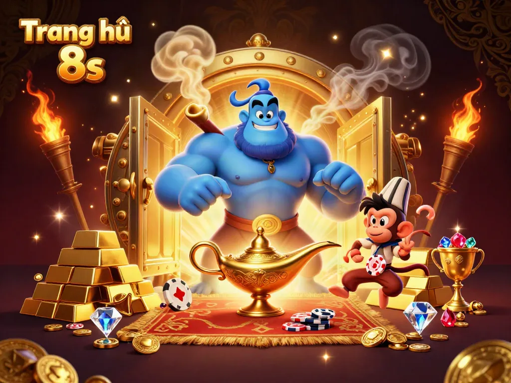 Engage with the vibrant scene of Trang chủ 8s showcasing a genie and treasures in an enchanting virtual casino.