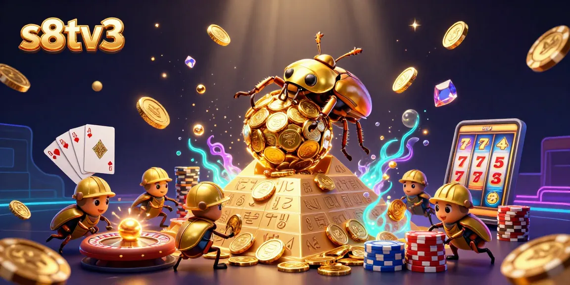 S8TV3 showcases a massive golden dung beetle rolling a coin ball in a dazzling casino scene.