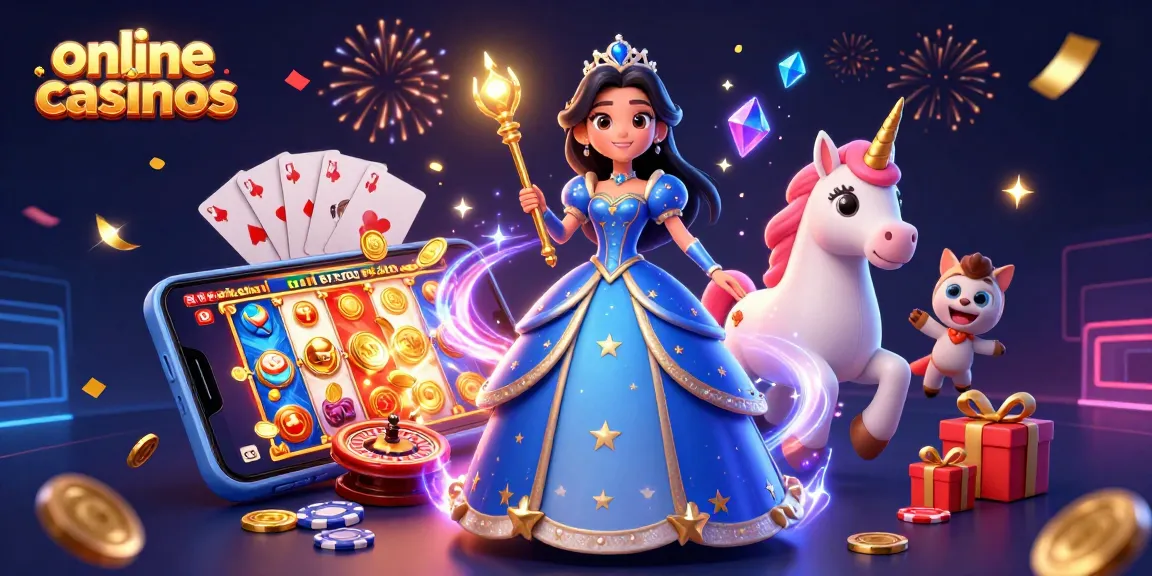 Engage with exciting online casinos featuring a glamorous woman and a unicorn amidst gaming elements.