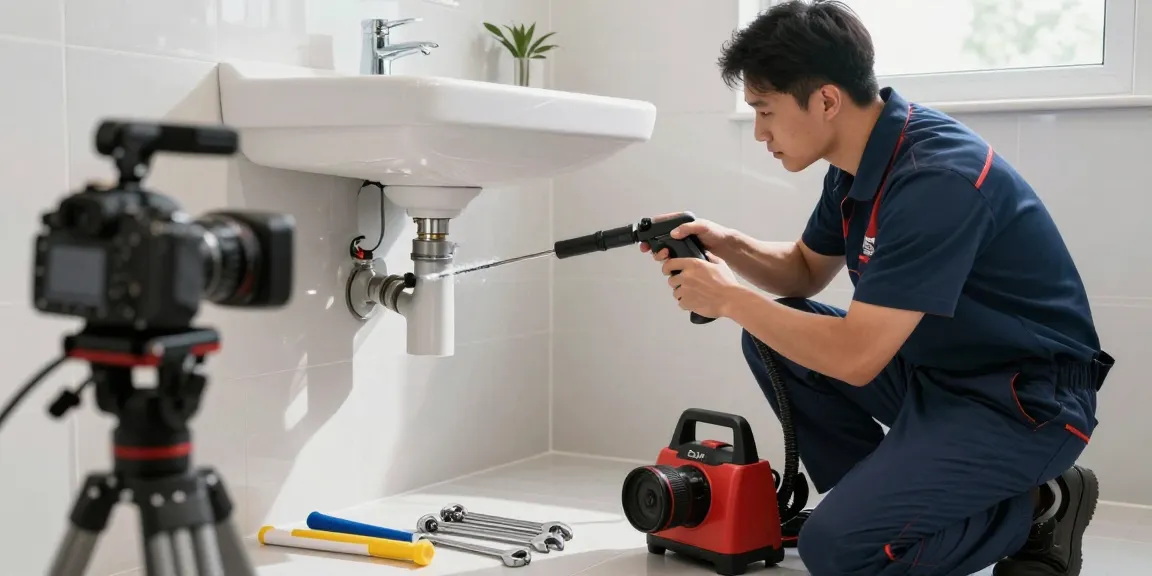 Ontstoppingsdienst die een verstopte wastafel verhelpt met een hogedrukreiniger in een moderne badkamer.