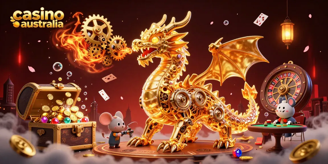 Win fantastic prizes at the premier casino Australia, featuring dynamic 3D illustration of a golden dragon with gears.