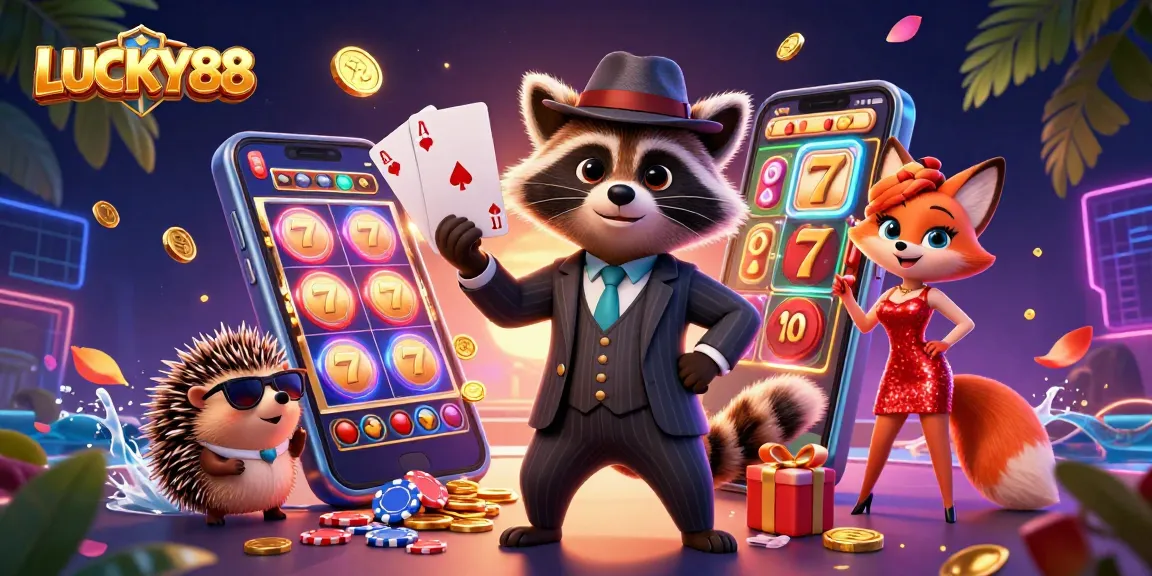 Win big at LUCKY88 featuring a suave raccoon, a fox lady, and a hedgehog bouncer in a lively casino scene.