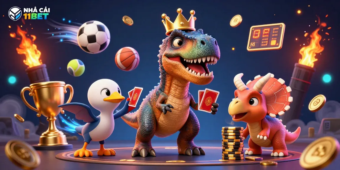 Engaging scene with characters from NHÀ CÁI 11BET enjoying a lively casino atmosphere, showcasing betting and gaming excitement.