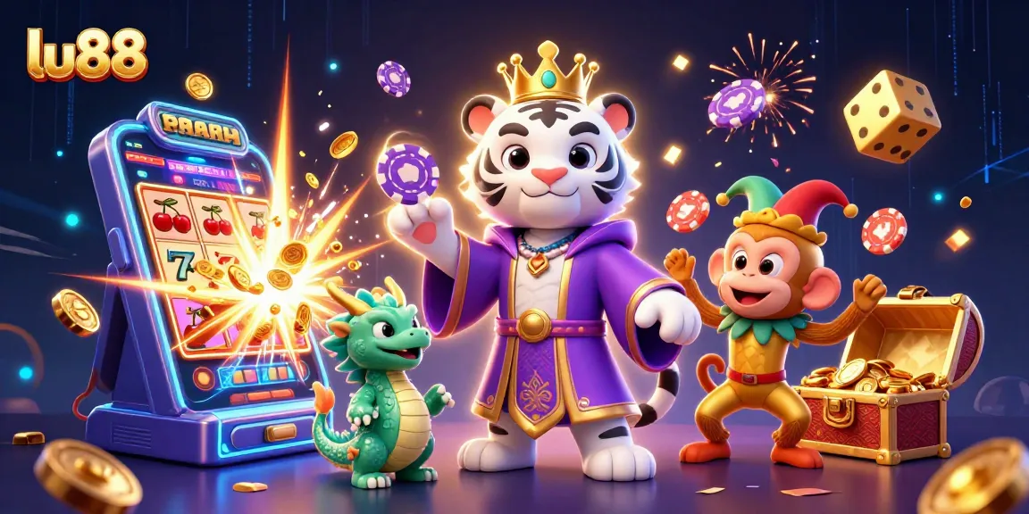 Join the excitement at lu88 with a vivacious scene featuring characters and dynamic casino elements.