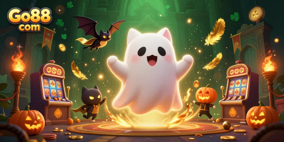 Experience thrilling gaming adventures at Go88 com with a ghostly cat and vampire bat in a haunted casino.