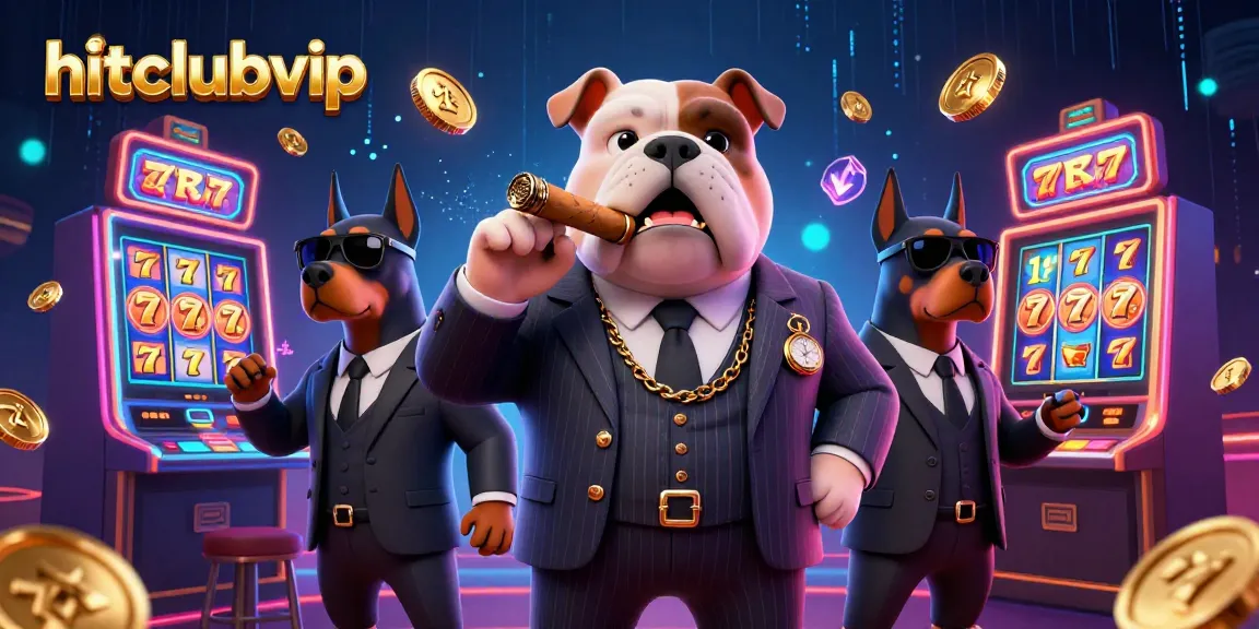 Hitclubvip features a mafia boss bulldog surrounded by slot machines, showcasing thrilling gameplay.