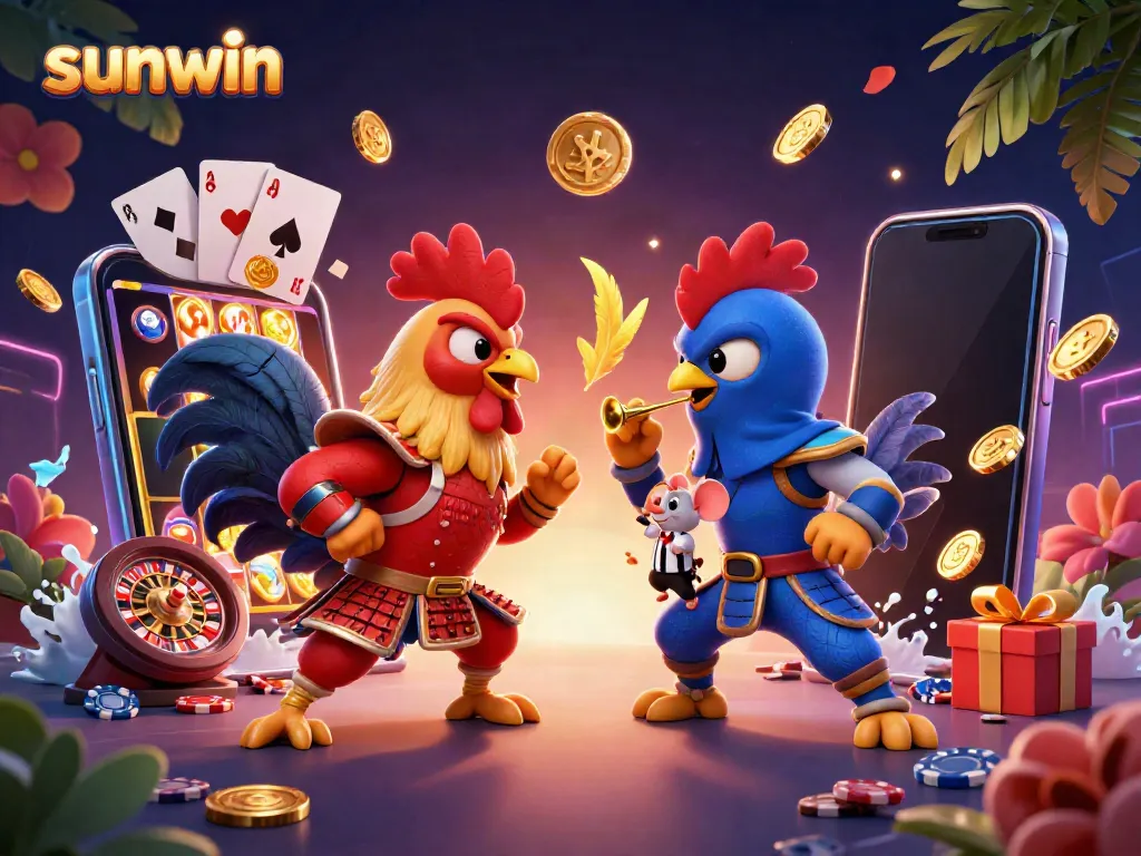 Witness the thrilling action at Sunwin, where cartoon roosters vie for victory amidst vibrant casino elements.