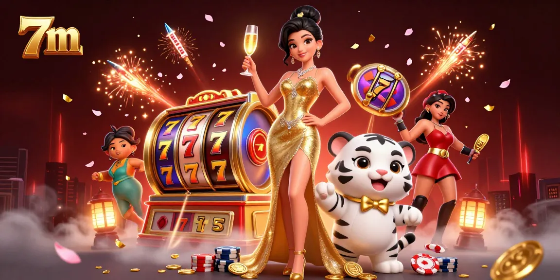 Experience thrilling gaming action with 7m's glamorous casino scene full of slot reels and vibrant visuals.